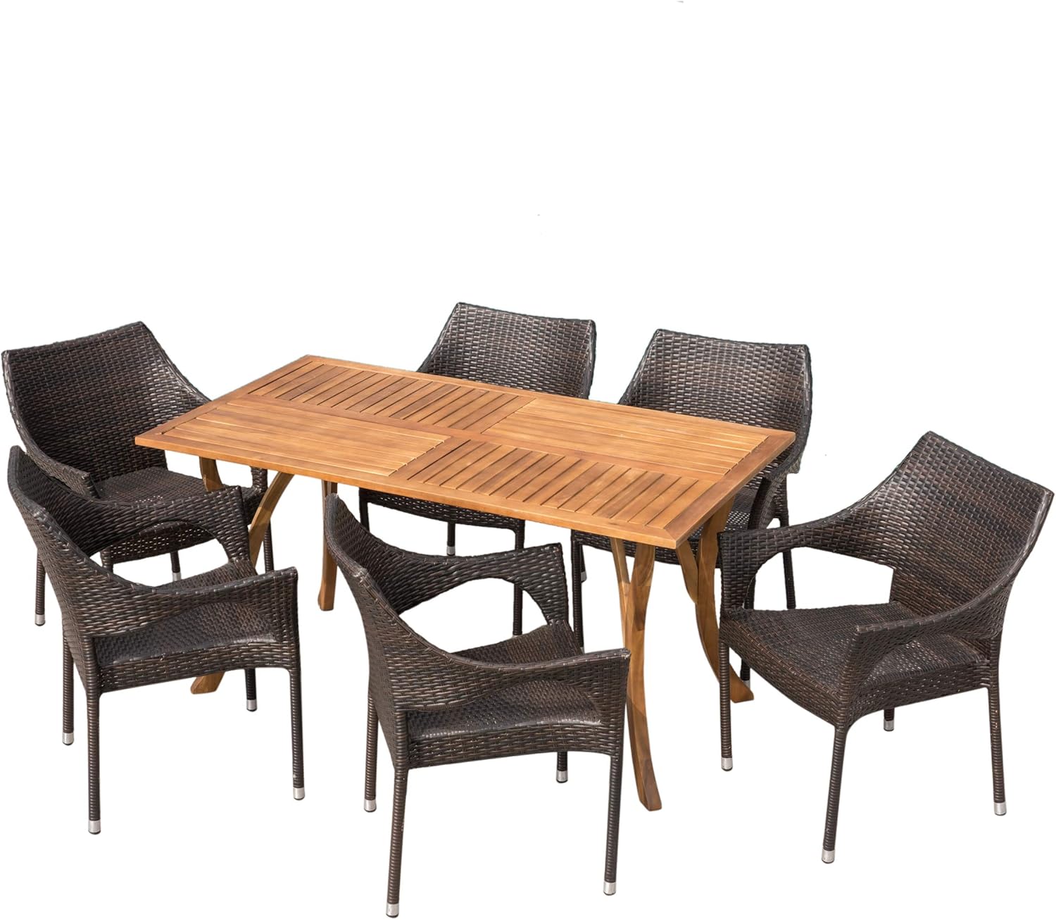 Outdoor 7-Piece Acacia Wood Wicker Dining Set in Multibrown F599158