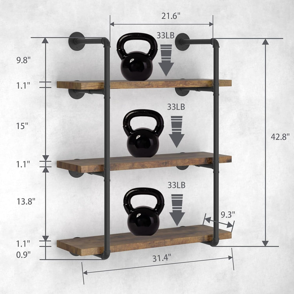 Industrial Wall Mount Iron Pipe Shelf Black 3 Tier X2 R82433
