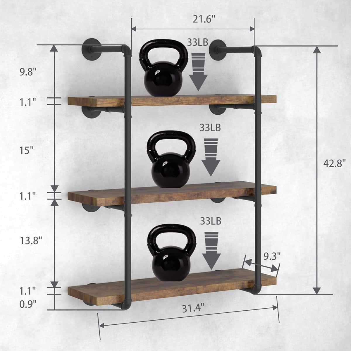 Industrial Wall Mount Iron Pipe Shelf Black 3 Tier X2 R82433