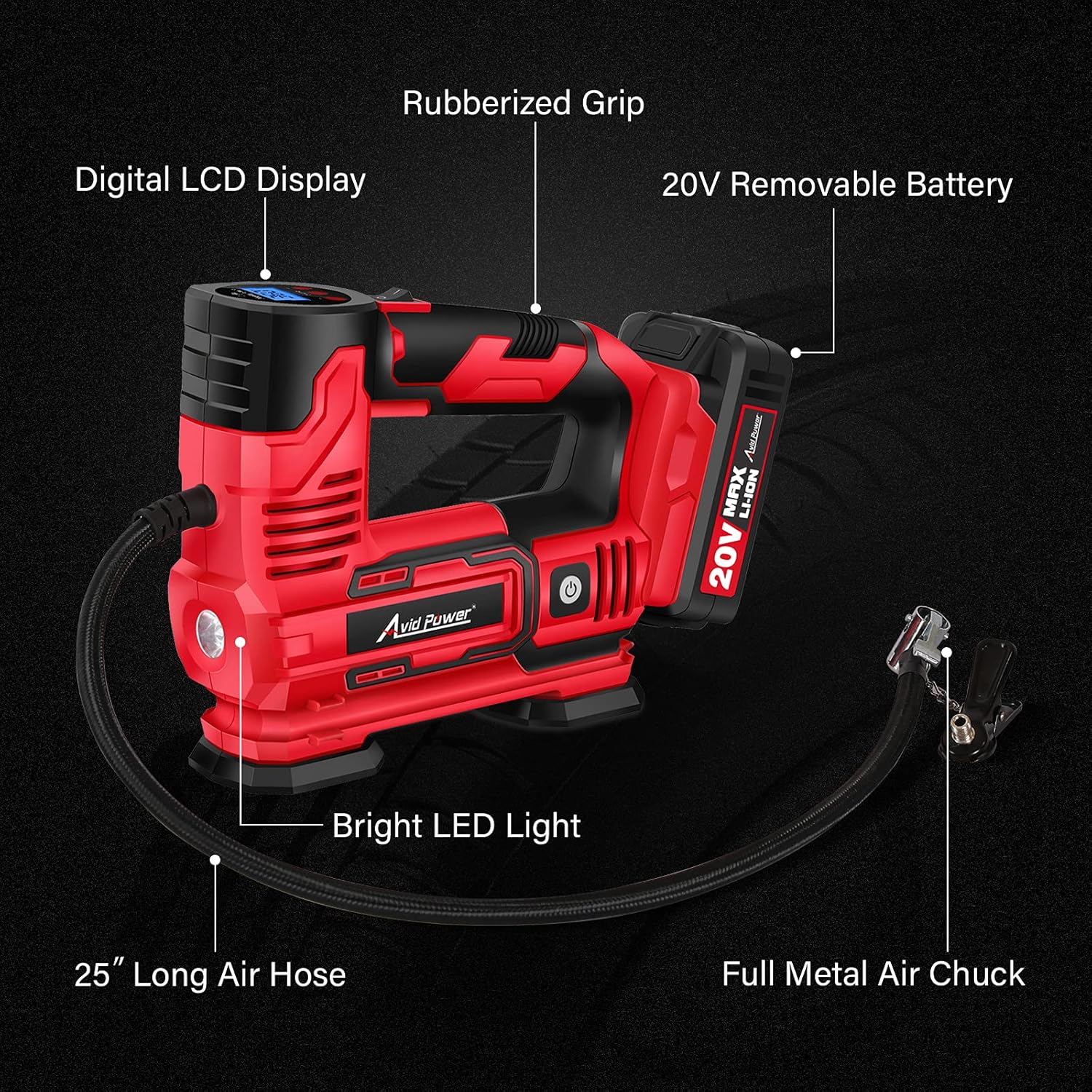 Tire Inflator Portable Air Compressor, 20V Cordless Car Tire Pump with Rechargeable Li-ion Battery, 12V Car Power Adapter, Digital Pressure Gauge Pack of 2 D717