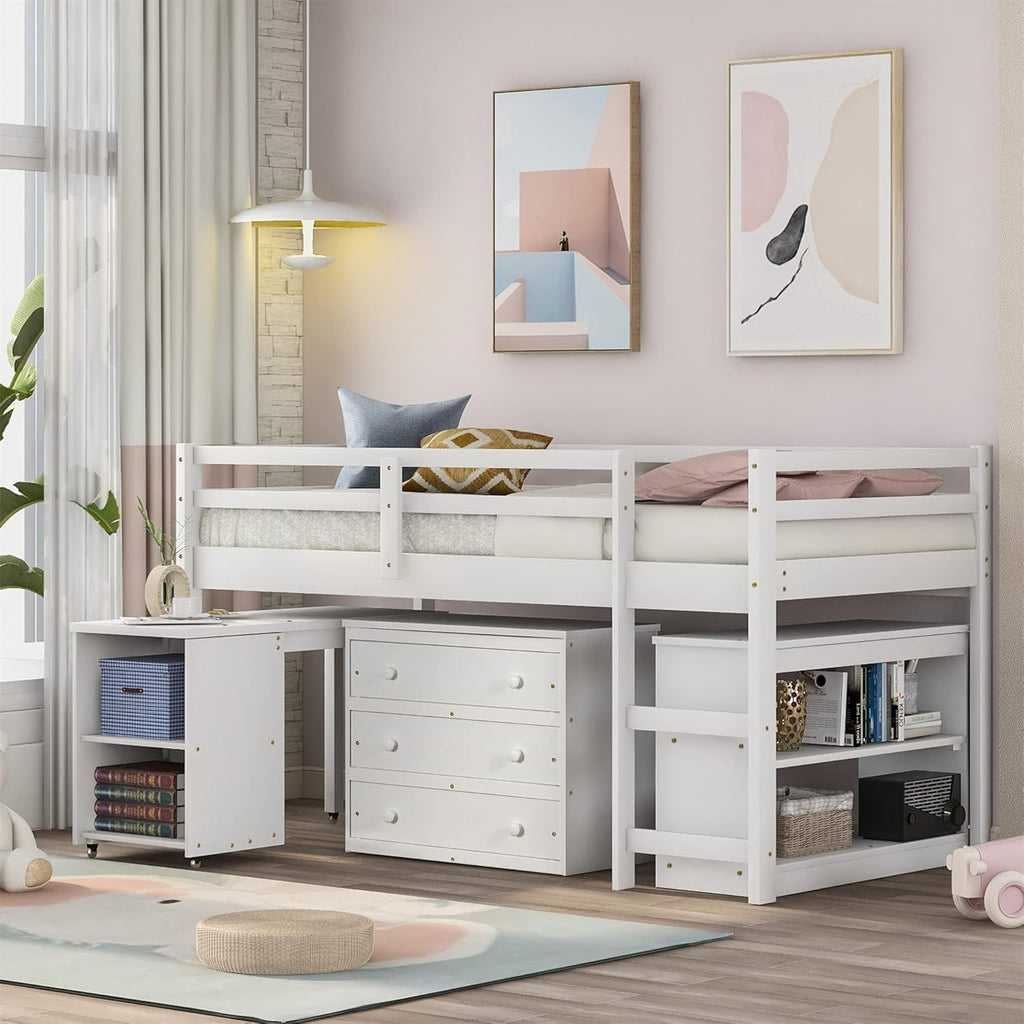 Espresso Solid Wood Twin Loft Bed with Storage Drawers and Cabinet F77587
