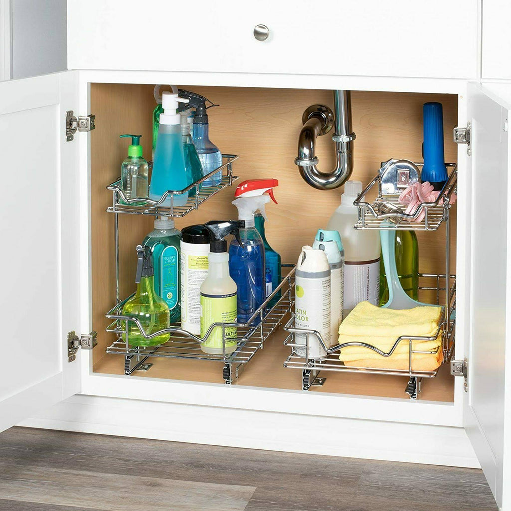 Silver Two Tier Sliding Under Cabinet Organizer O747