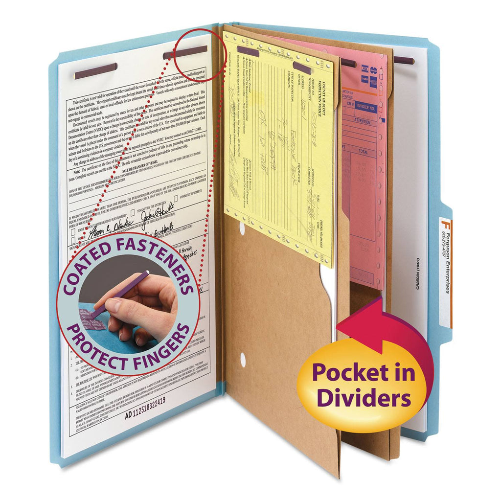 Legal Size Blue 2 Pocket Pressboard Classification Folders with Fasteners, Box of 50 Y273