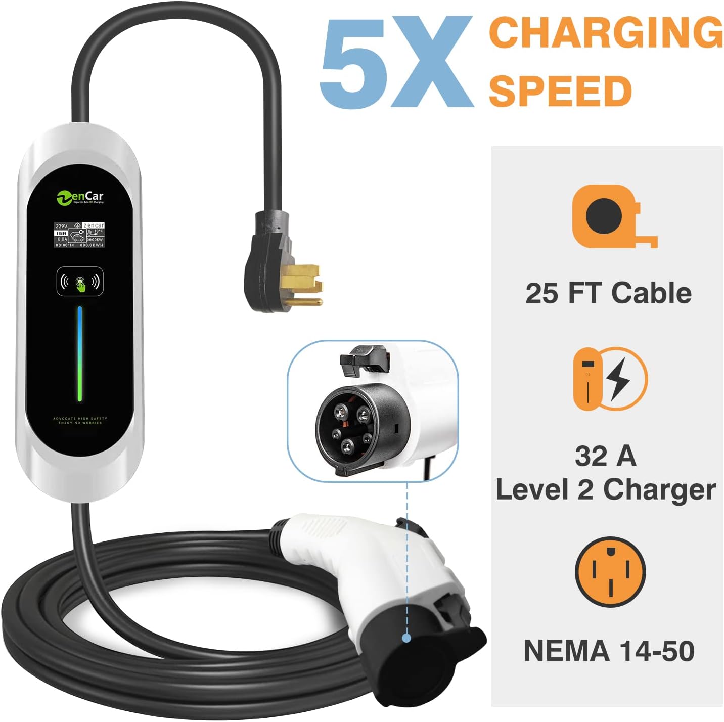 Portable Level 2 EV Charger with NEMA 14-50 Plug, Adjustable Currents 10A-32A T426