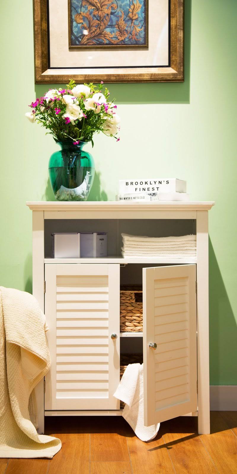 White Shelved Floor Cabinet with 2 Shutter-Door S1122