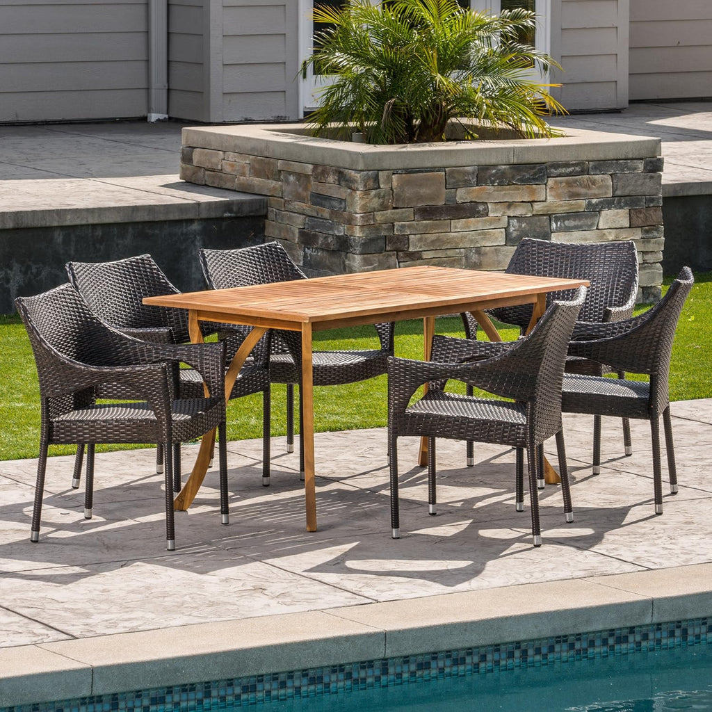 Outdoor 7-Piece Acacia Wood Wicker Dining Set in Multibrown F599158