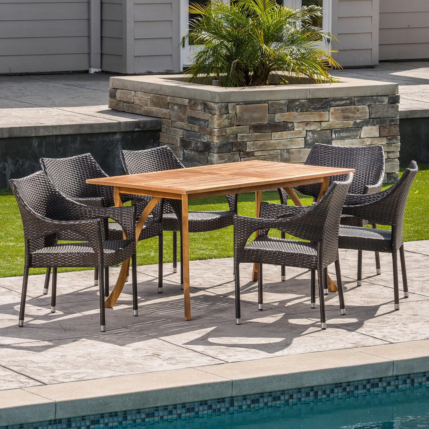 Outdoor 7-Piece Acacia Wood Wicker Dining Set in Multibrown F599158