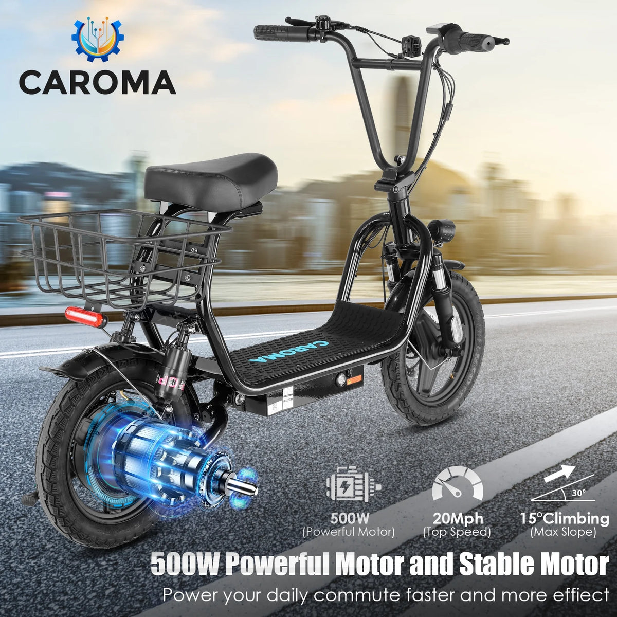 48V 500W Adults Electric Scooter with Removable Seat, 14" Off-road Pneumatic Tires, 20 MPH Max, 30 Miles Range, 350lbs Weight Limit, Black R7101