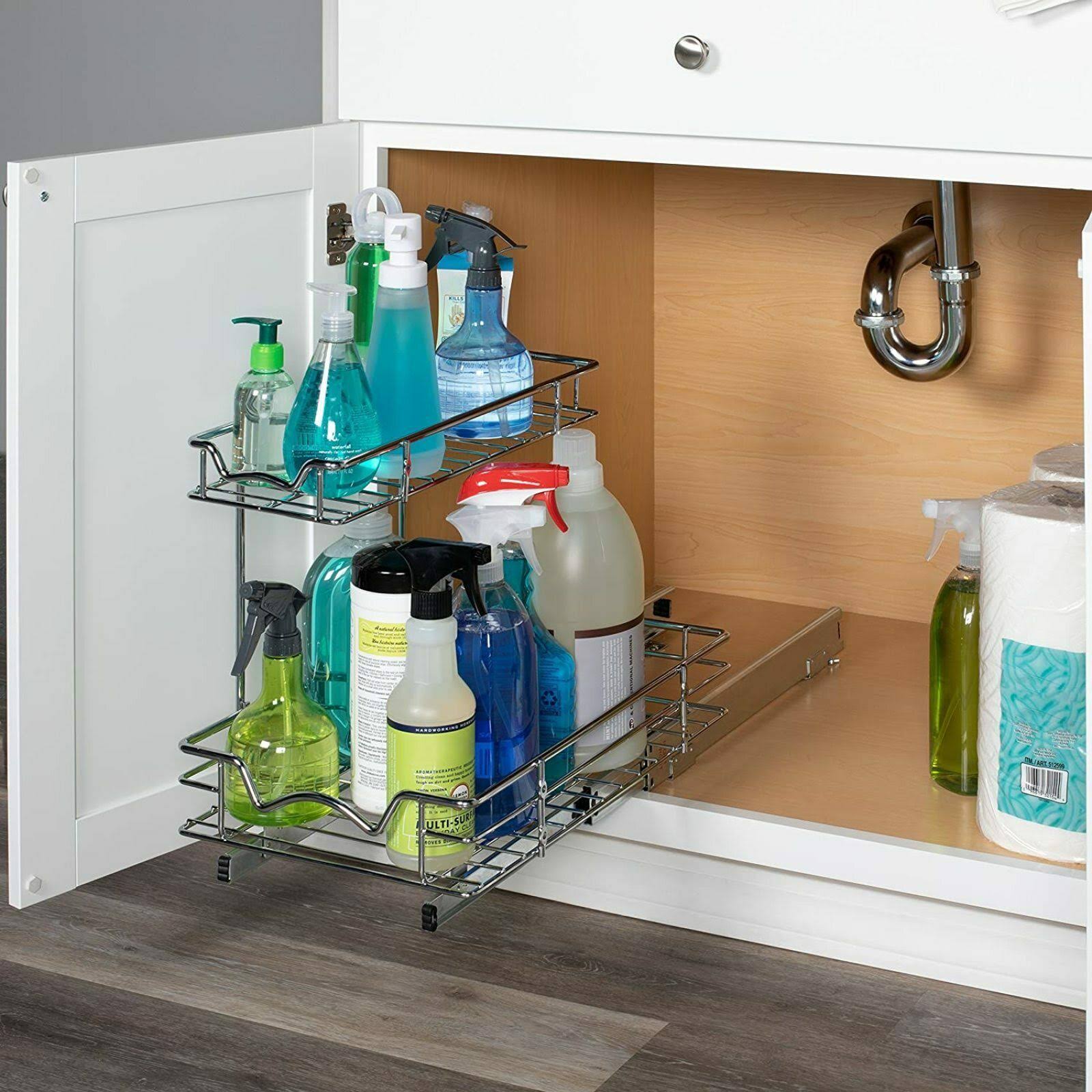 Silver Two Tier Sliding Under Cabinet Organizer O747