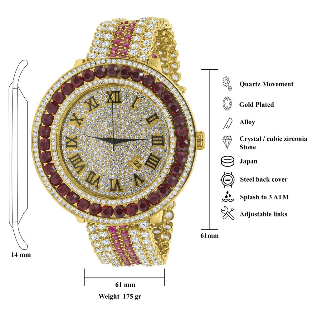 Ruby Red Roman Numeral Dial Big Face Gold Tone Mens Adjustable Watch Q44045