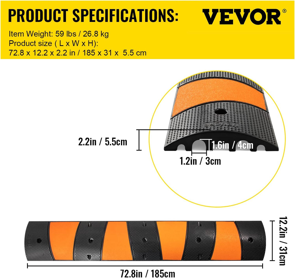 Rubber Speed Bump, 72.8 x 12.2 x 2.2, 22000 LBS Load Capacity M51200