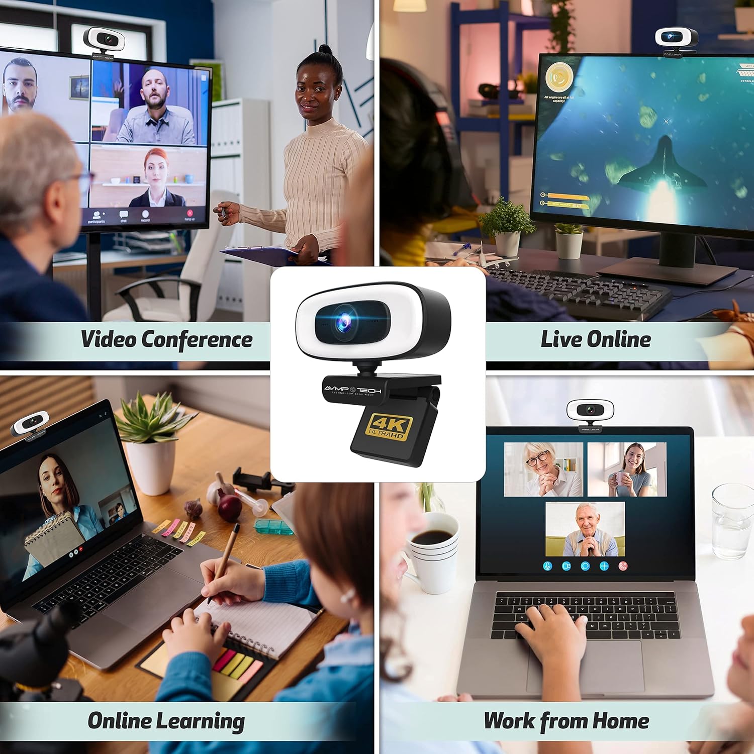 4K Webcam with Light, 8MP Autofocus USB Web Cam with Microphone, Tripod, USBC, Privacy Cover, Pack of 2 O409460