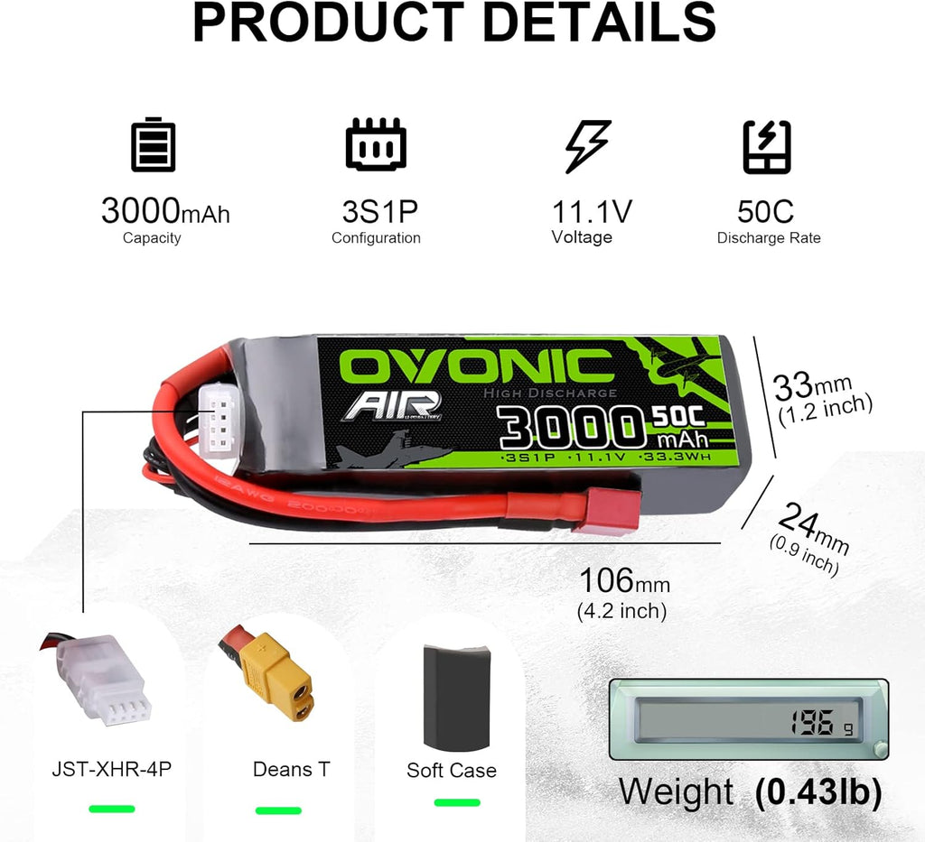 3S Lipo Battery 50C 3000mAh 11.1V with Dean-Style T Connector (2 Packs) L2379
