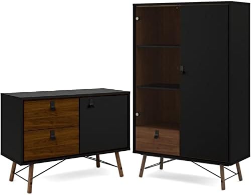 2 Piece Furniture Set with Sideboard and China Cabinet in Black Matte and Walnut O835