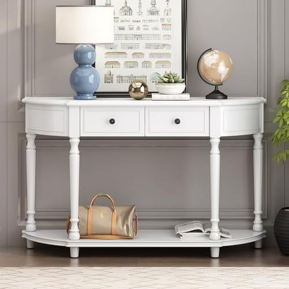 Antique White Wood Half Console Table with Drawers P74729