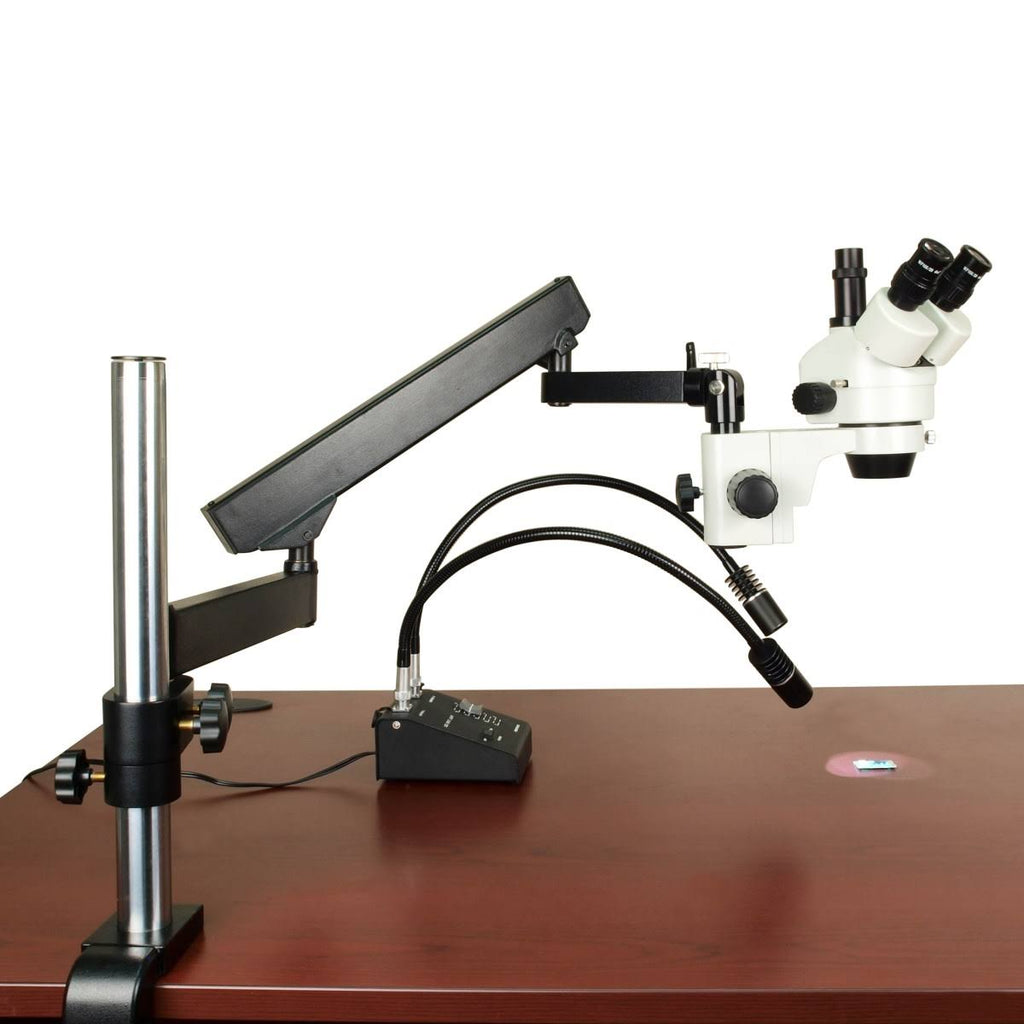 7X-45X Zoom Trinocular Microscope with Articulating Arm Stand and 6W LED Dual Gooseneck Light V57854