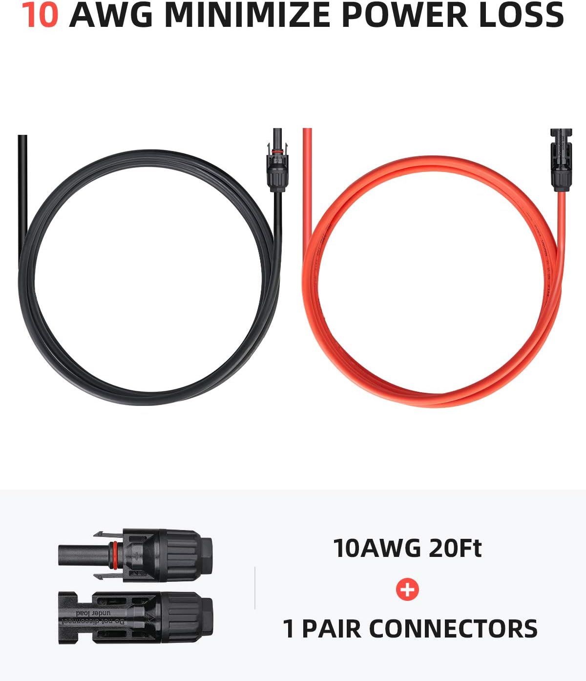 20 Feet 10AWG Solar Extension Cable with Female and Male Connector, Pack of 2 L91744