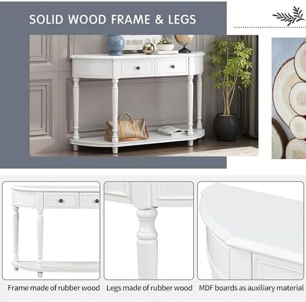 Antique White Wood Half Console Table with Drawers P74729