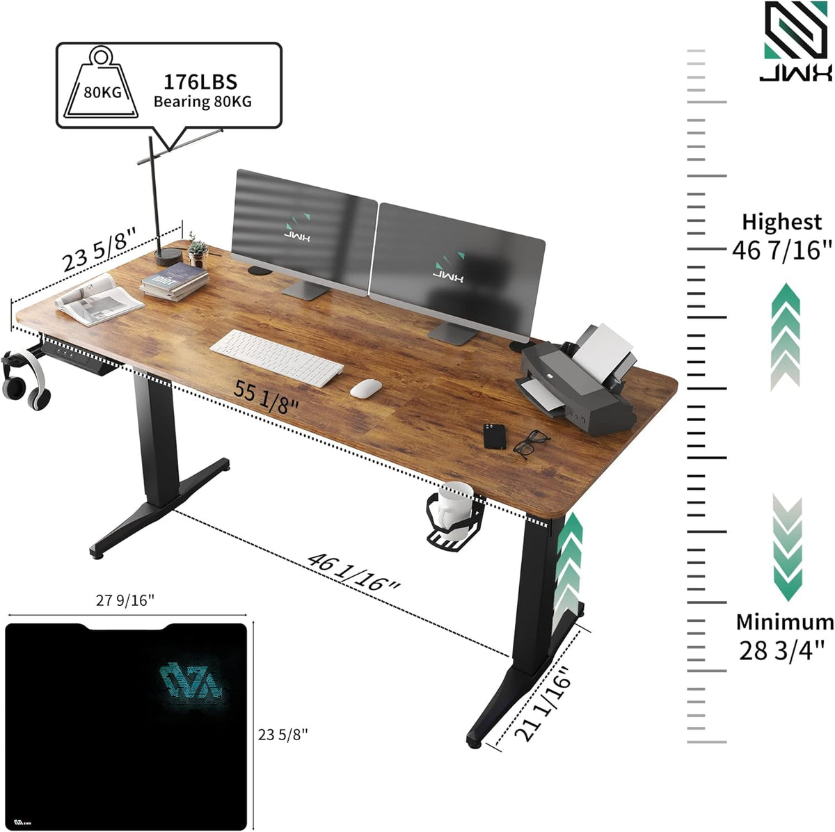 55 inch Adjustable Height Electric Standing Desk with Cup Holder, Headphone Hook, Cable Manager, Mouse pad, Walnut Wood J158856
