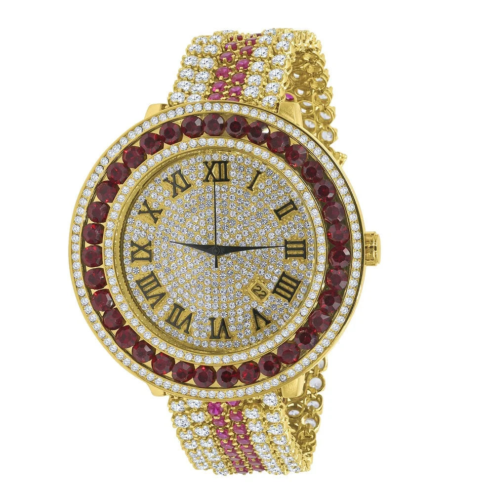 Ruby Red Roman Numeral Dial Big Face Gold Tone Mens Adjustable Watch Q44045