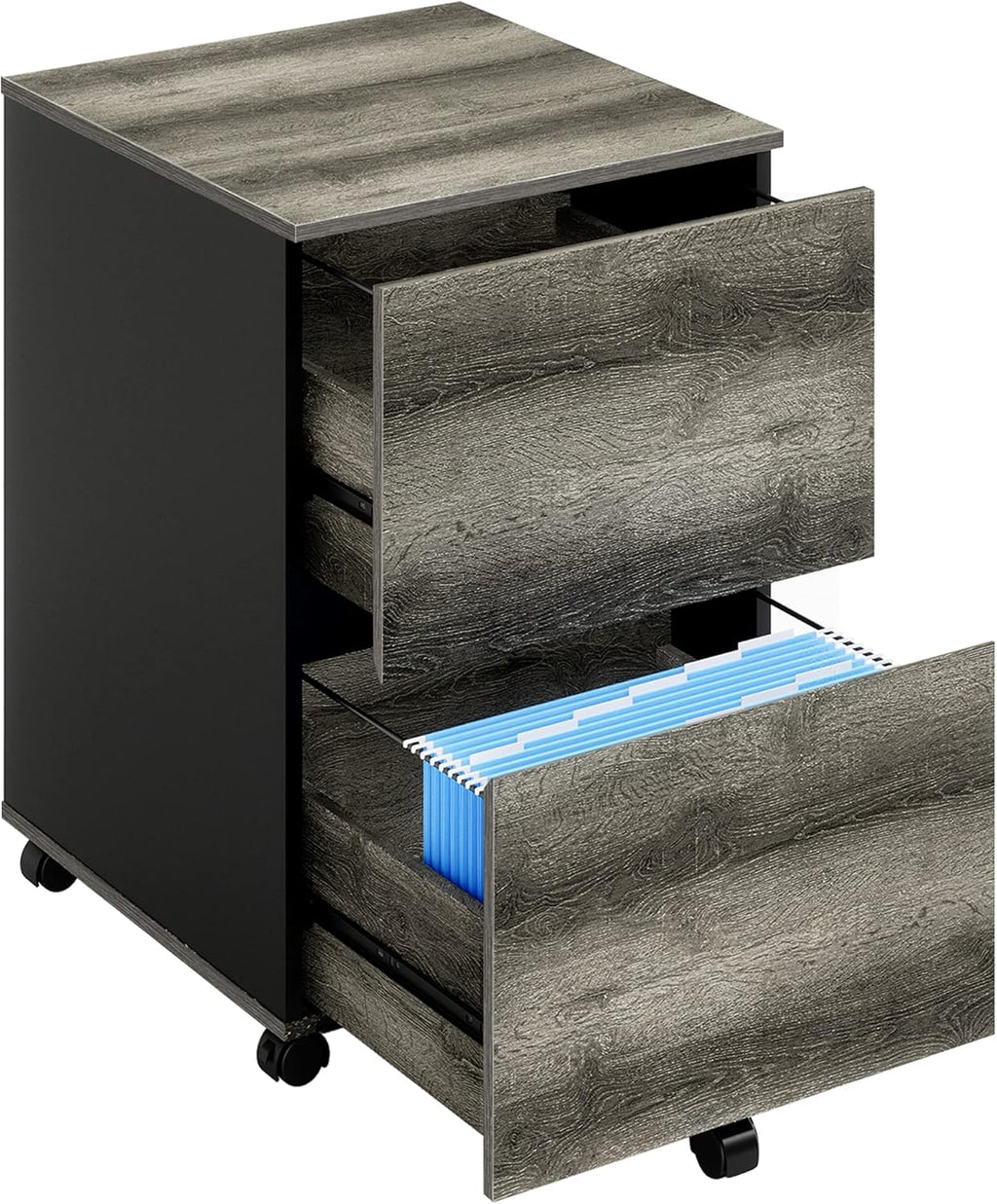 Brown 2 Drawer Mobile File Cabinet with File Holders Wood Rolling Filing Cabinet G1692