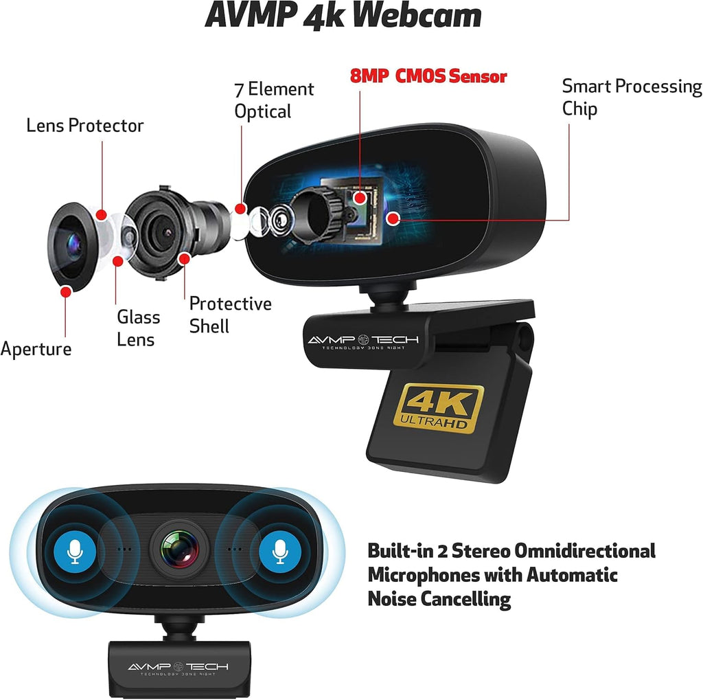 4K Webcam with Light, 8MP Autofocus USB Web Cam with Microphone, Tripod, USBC, Privacy Cover, Pack of 2 O409460
