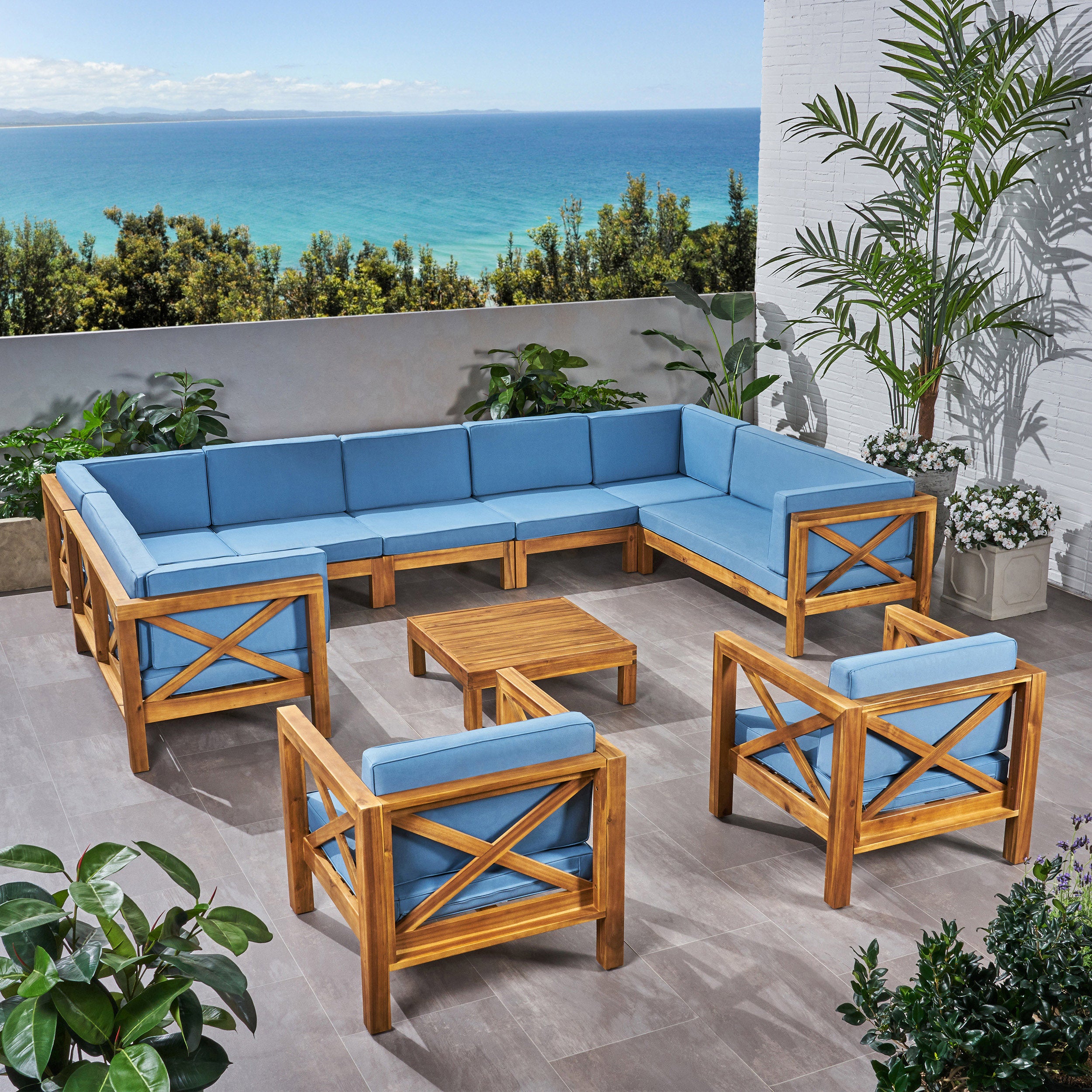 Blue and Brown Outdoor Patio Sectional Sofa with Club Chair Set N3828