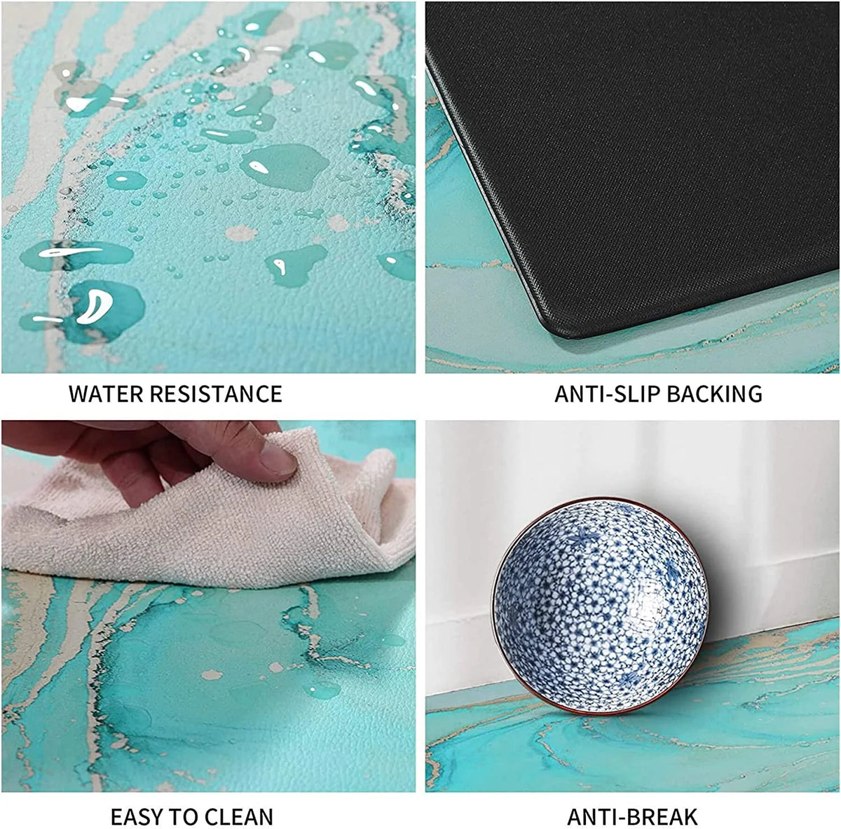 Teal Marble Gold Anti Fatigue PVC Non Slip Kitchen Mats Q526602
