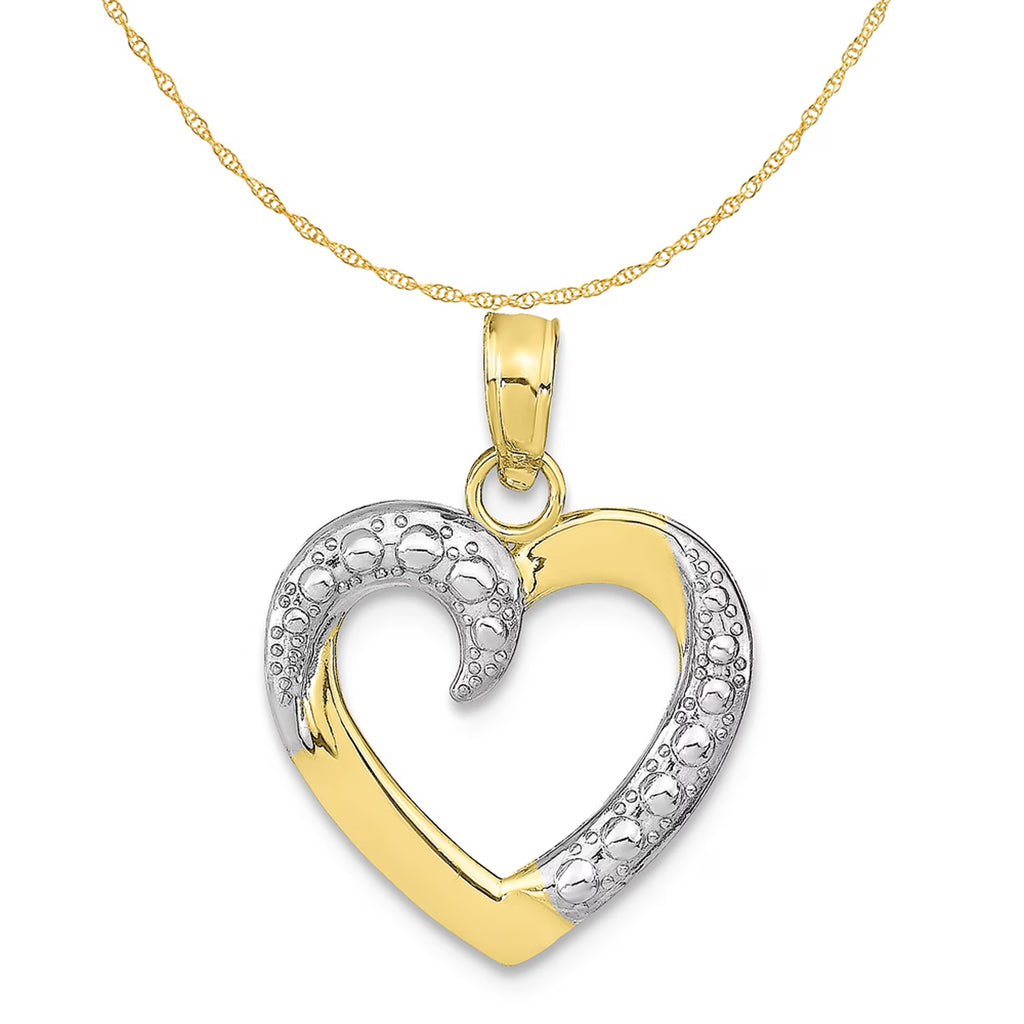 10K Two-Tone Gold Rhodium Plated Heart Pendant With 10K Yellow Gold Rope Chain 20" H113