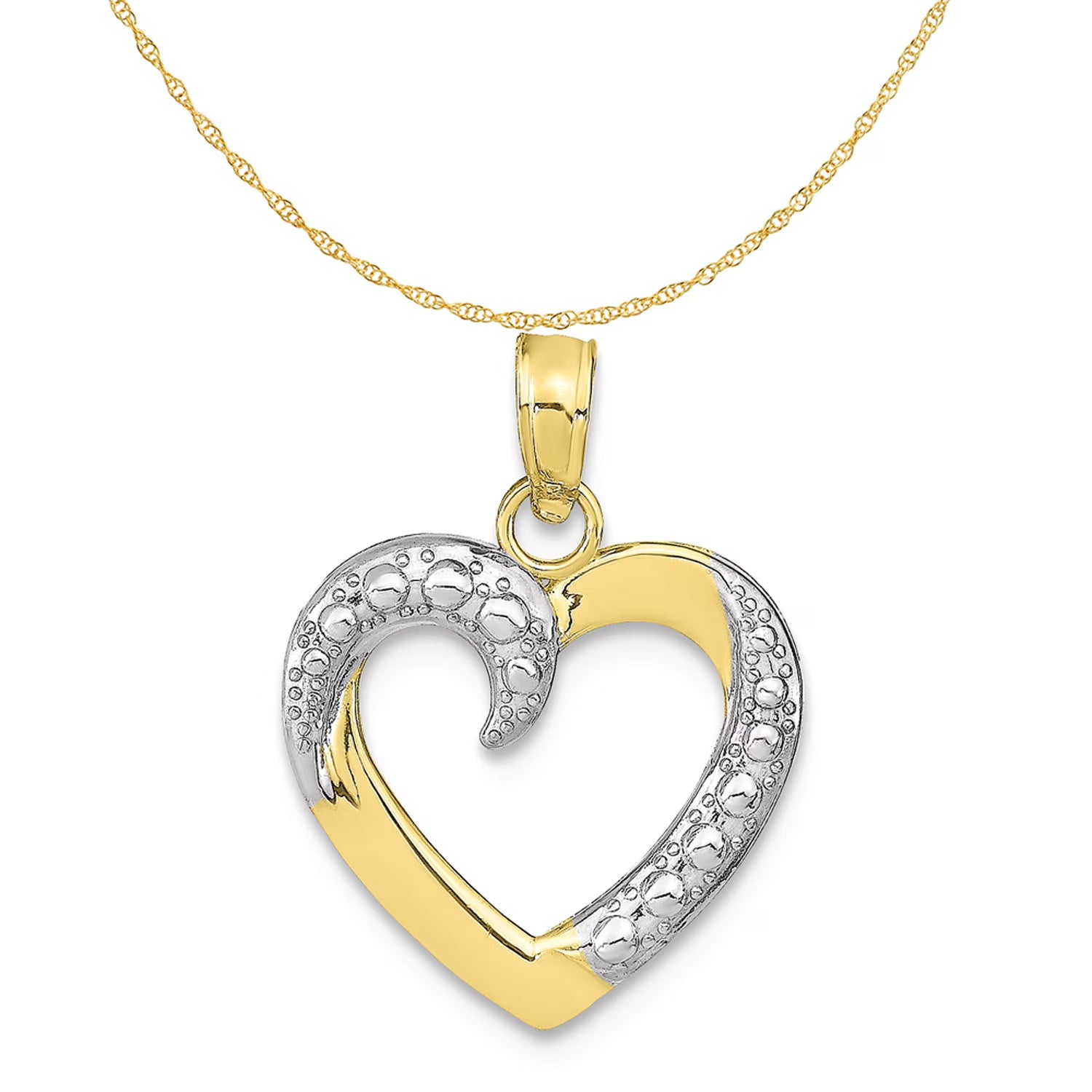 10K Two-Tone Gold Rhodium Plated Heart Pendant With 10K Yellow Gold Rope Chain 20" H113