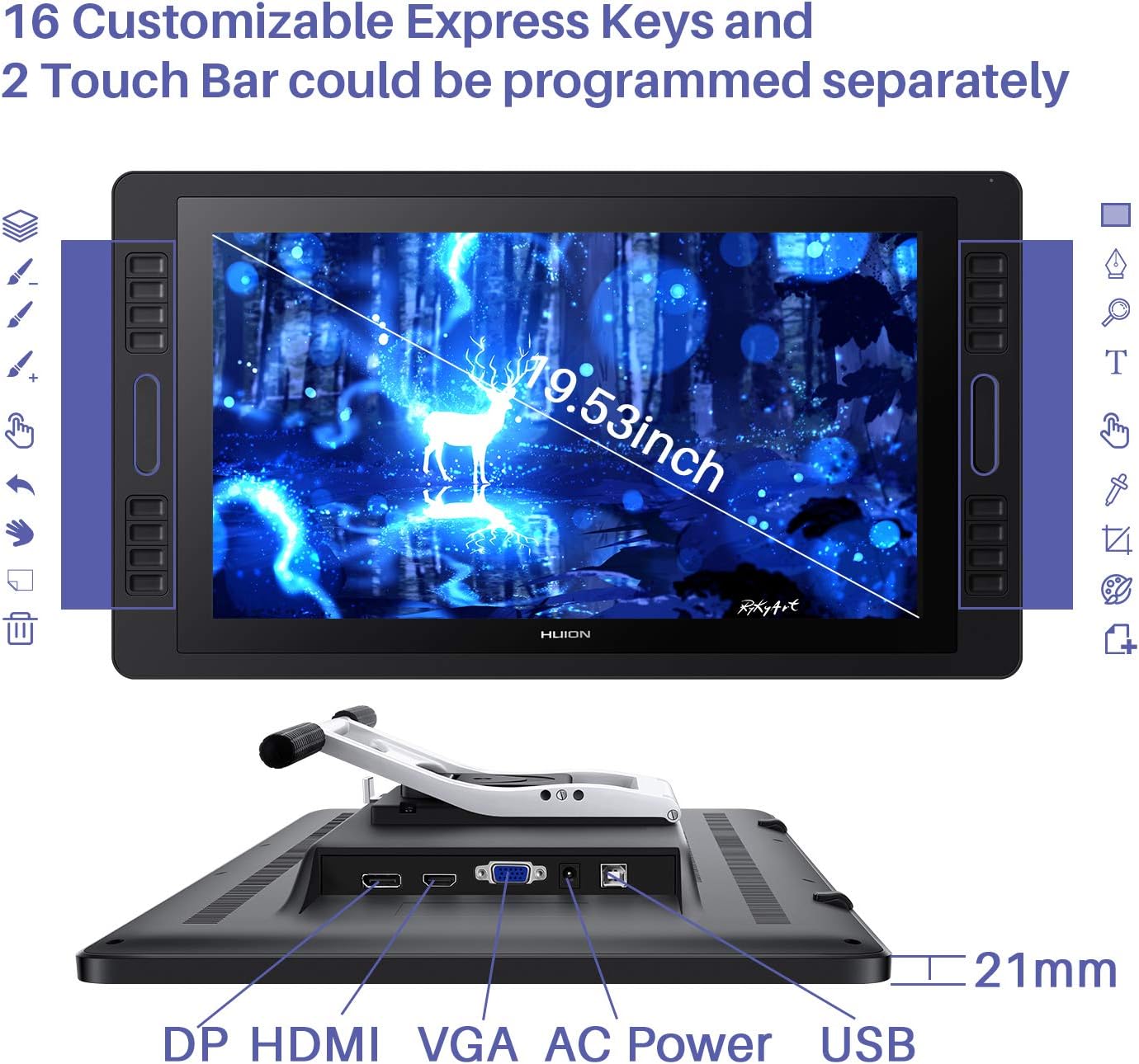 Graphics Drawing Monitor with Full Laminated Screen 19.5inch Pen Display with Battery-Free Stylus Tilt 16 Express Keys 2 Touch Bars Stand Included E101100