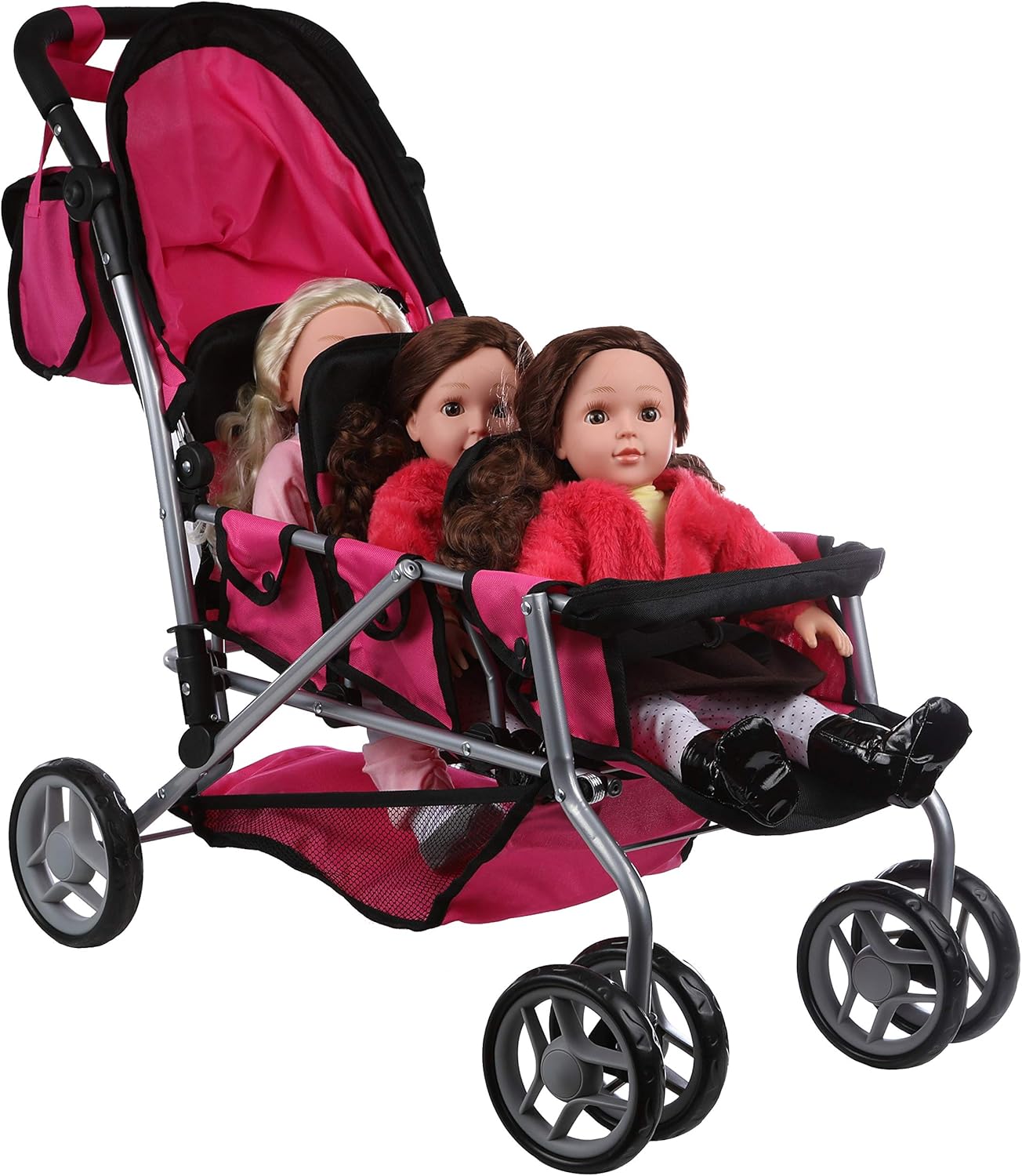 Triplet Doll Pram with Swiveling Wheels & Carriage Bag H783