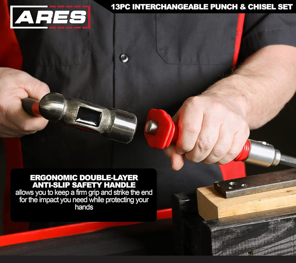 13-Piece Interchangeable Punch and Chisel Set with Chrome Vanadium Steel Handle I718