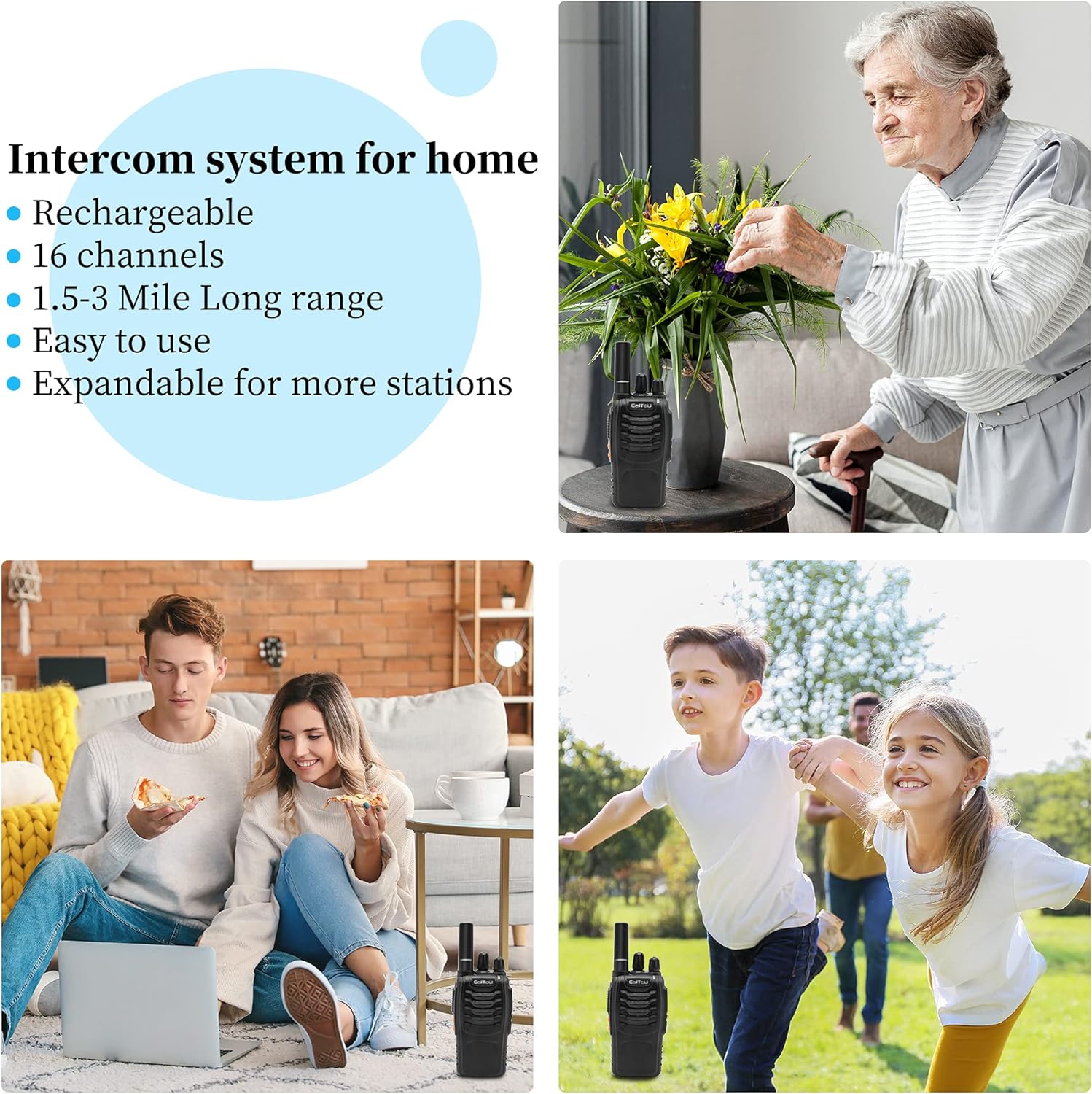 Wireless Intercom System 16 Channels Rechargeable Walkie Talkie D4878