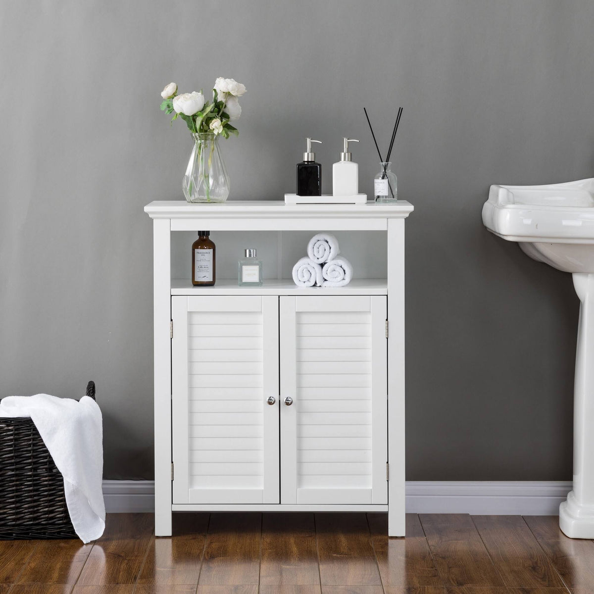 White Shelved Floor Cabinet with 2 Shutter-Door S1122