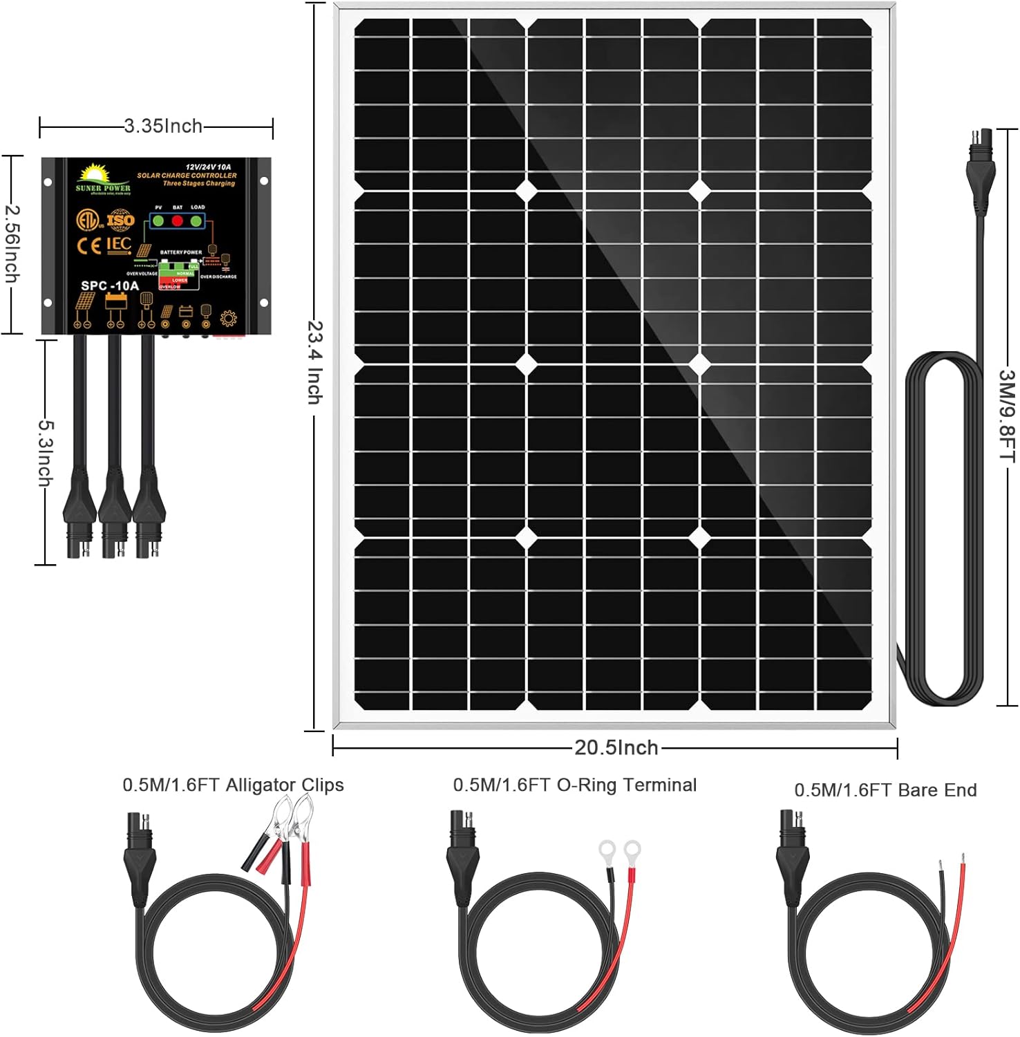 50W Mono Crystalline 12V Solar Panel Kit with 10A Charge Controller and SAE Cable Adapters U86282
