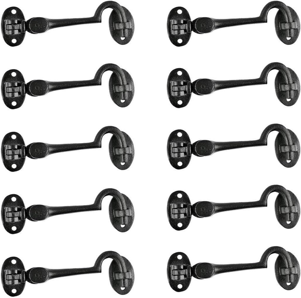 Black Wrought Iron Cabin Hook Eye Bolt 4 Swivel Style Reversible Privacy Hook Latches with Screws Pack of 10 R198