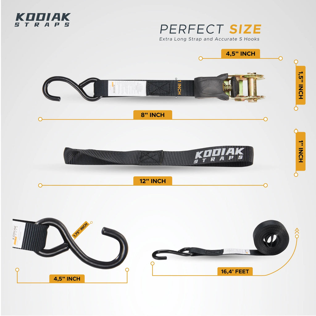 Ratchet Straps Heavy Duty Tie Down Strap Set 2200 Break Strength 1" x 17' 4pk with Soft Loops Coated Deep S-Hook & Carry Bag Black V9952