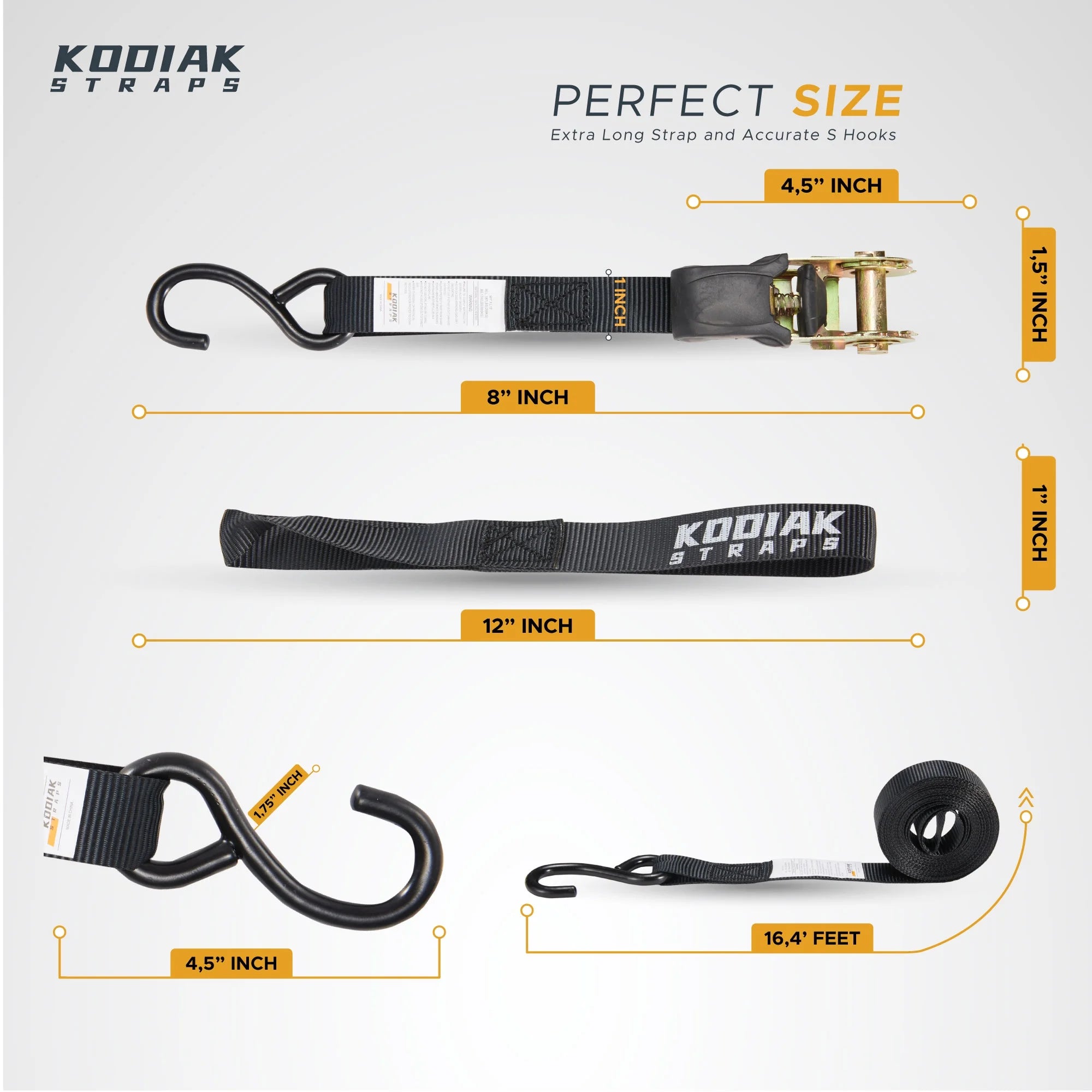 Ratchet Straps Heavy Duty Tie Down Strap Set 2200 Break Strength 1" x 17' 4pk with Soft Loops Coated Deep S-Hook & Carry Bag Black V9952