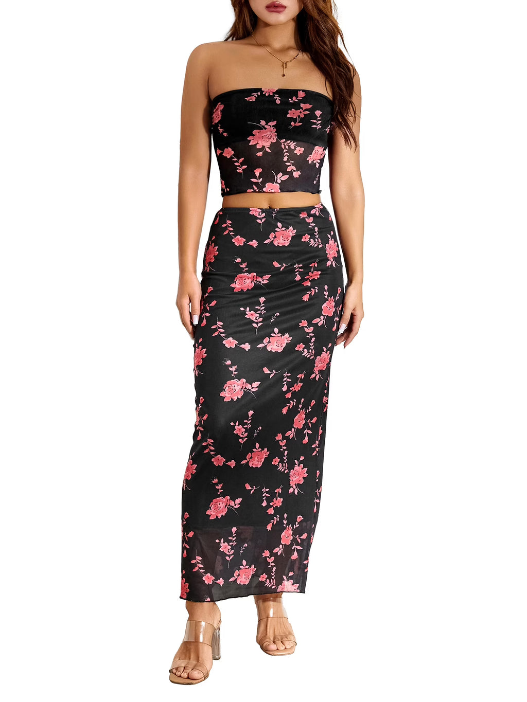 2Pcs Women Flower Print Strapless Mesh Tube Top with Low Waist Long Skirts P5240
