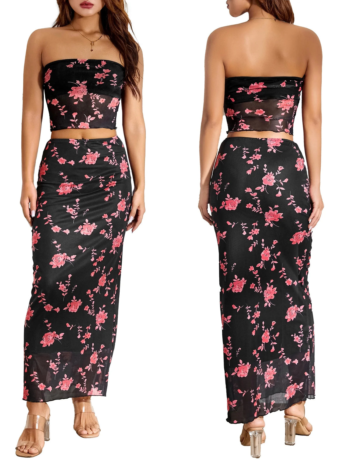 2Pcs Women Flower Print Strapless Mesh Tube Top with Low Waist Long Skirts P5240