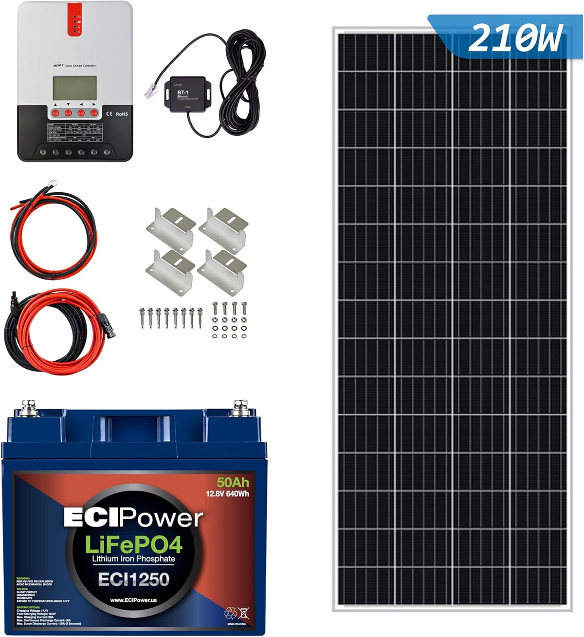 200W 12V Solar Power Kit with 2 x 12V 20Ah LiFePO4 Lithium Batteries, 200W Mono Rigid Solar Panels, 20A MPPT Solar Charge Controller R5318