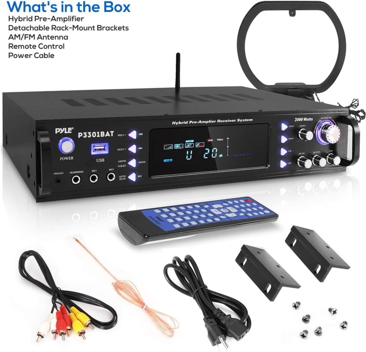 Wireless Bluetooth Stereo Amplifier with AM/FM Radio, USB, AUX, RCA, Karaoke Mic in, Remote I732285