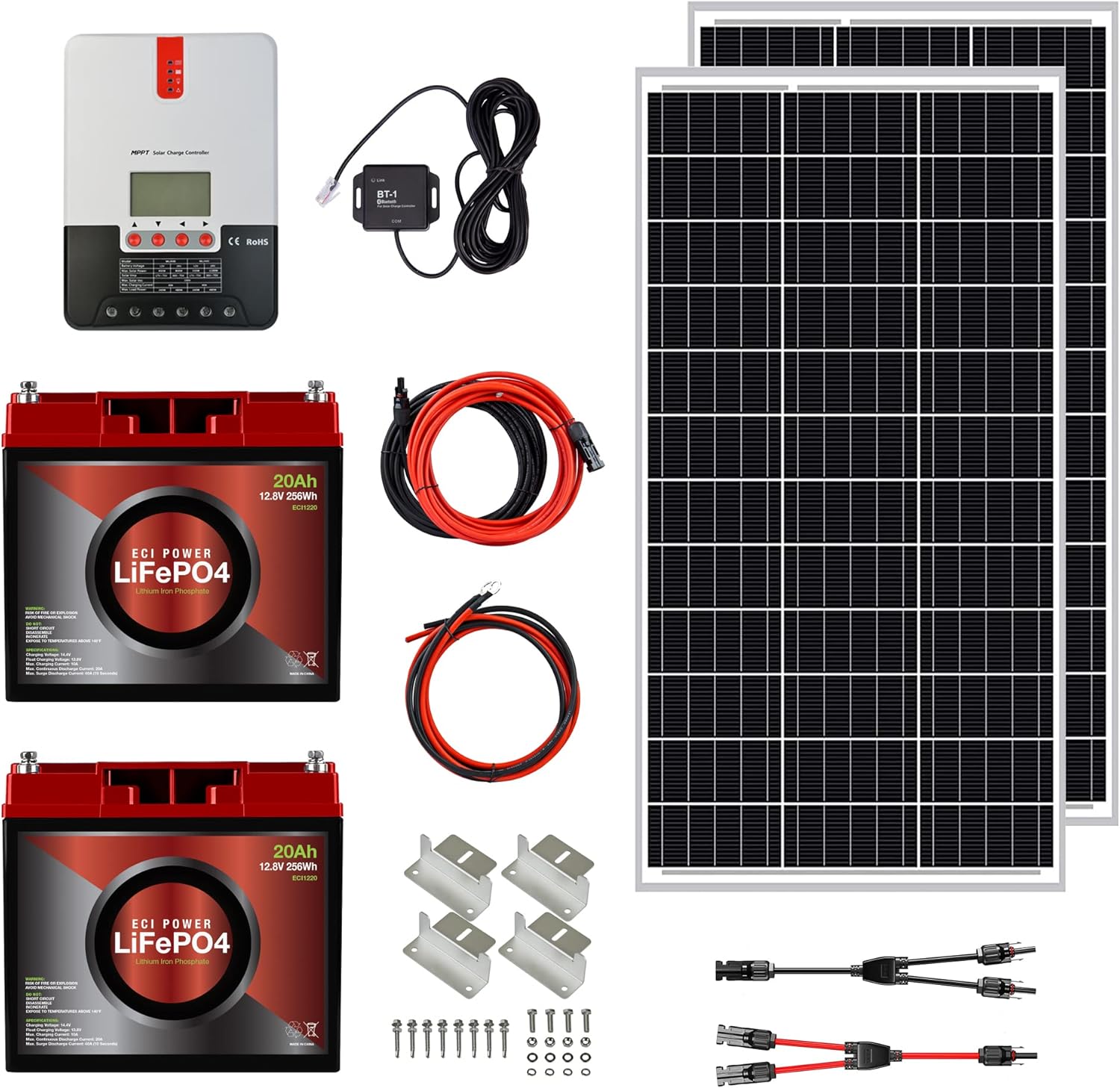 200W 12V Solar Power Kit with 2 x 12V 20Ah LiFePO4 Lithium Batteries, 200W Mono Rigid Solar Panels, 20A MPPT Solar Charge Controller R5318