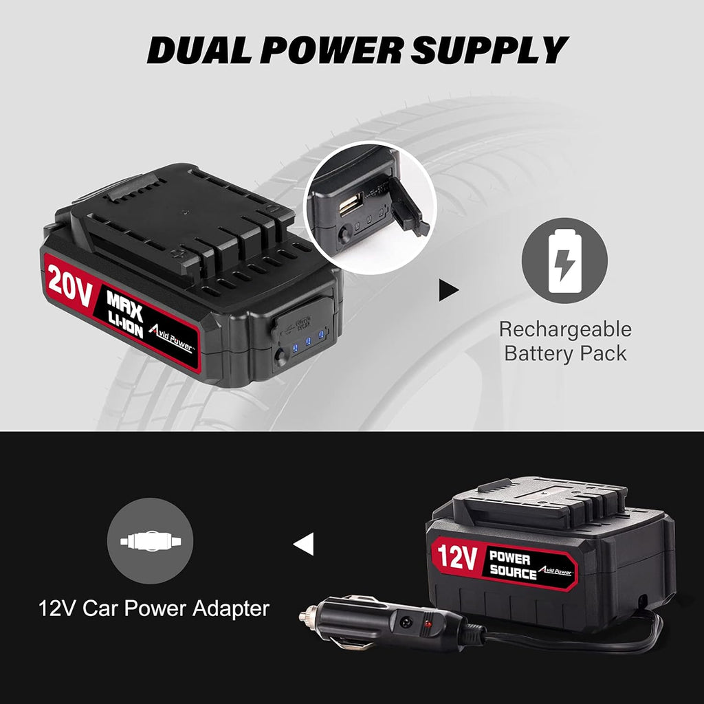 Tire Inflator Portable Air Compressor, 20V Cordless Car Tire Pump with Rechargeable Li-ion Battery, 12V Car Power Adapter, Digital Pressure Gauge Pack of 2 D717