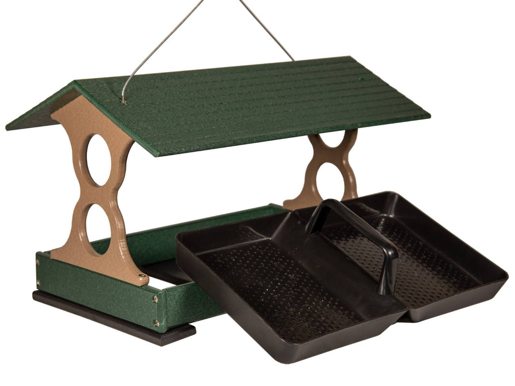 Large Fly Thru Bird Feeder Green and Tan with Universal Mounting pole Q93129