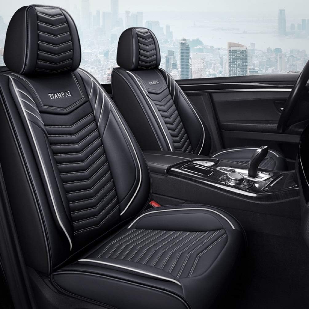 Black-White Leather Car Seat Covers 5 Seats Full Set S73013