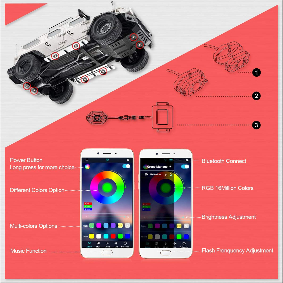 6 Pod Multicolor LED Rock Lights with Bluetooth Control D665