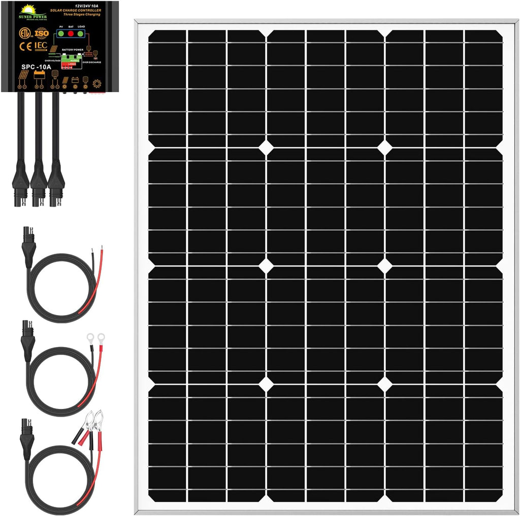50W Mono Crystalline 12V Solar Panel Kit with 10A Charge Controller and SAE Cable Adapters U86282