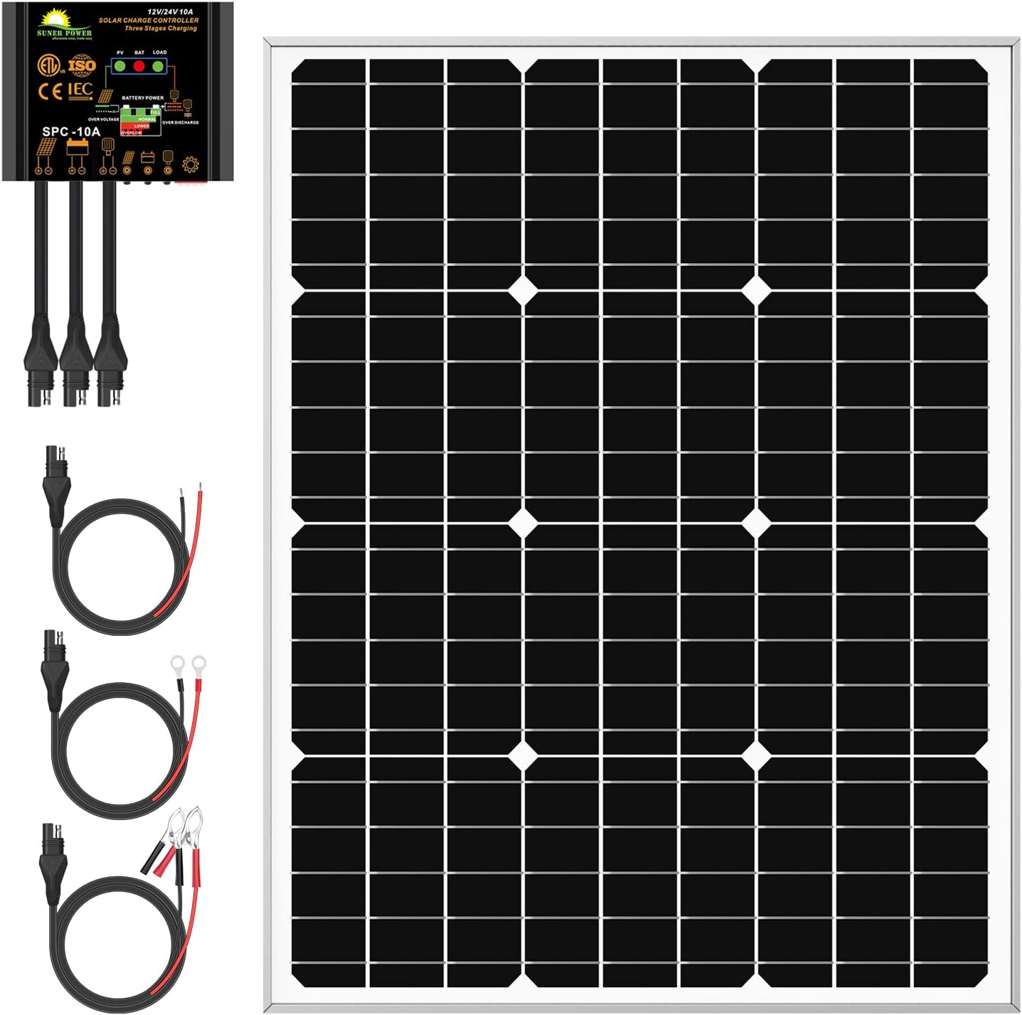 50W Mono Crystalline 12V Solar Panel Kit with 10A Charge Controller and SAE Cable Adapters U86282